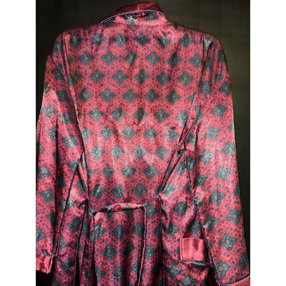 Vtg Cachet Women’s Kimono Robe Medium burgandy green Floral Jacquard Satin Belte